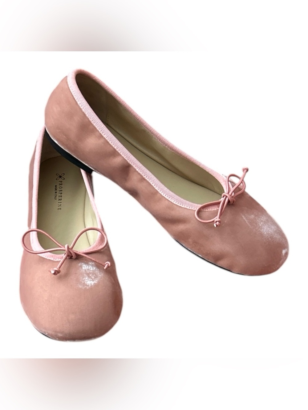 Prosperine Italian Blush Pink Velvet Ballet Flats with Bow Trim Size 39 or 8